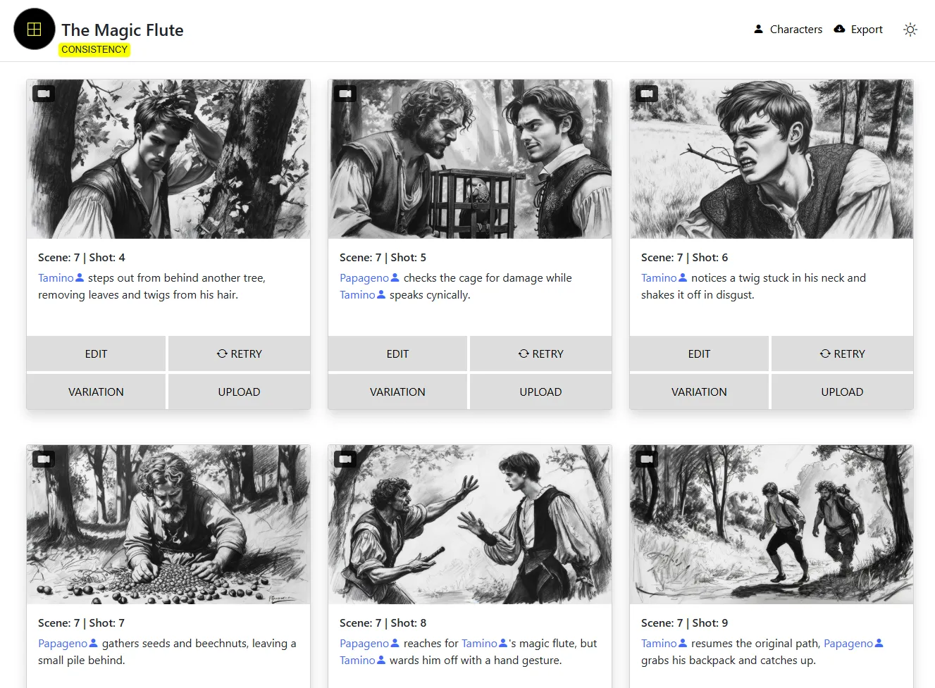 Magic Flute character in consistent style across scenes