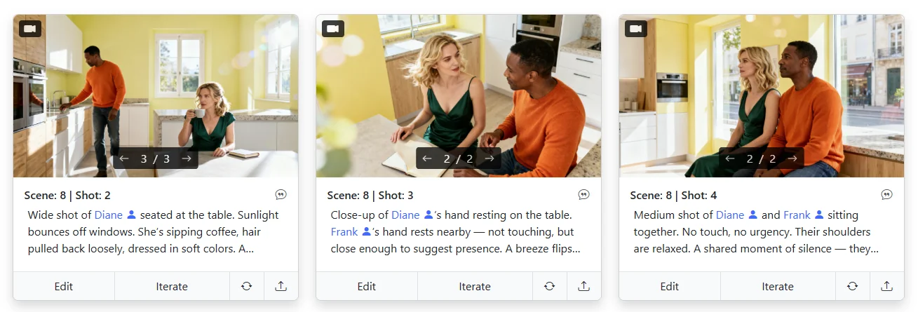 Consistent modern European kitchen across multiple storyboard shots — AI storyboard generator locking locations with Storyboarder.ai