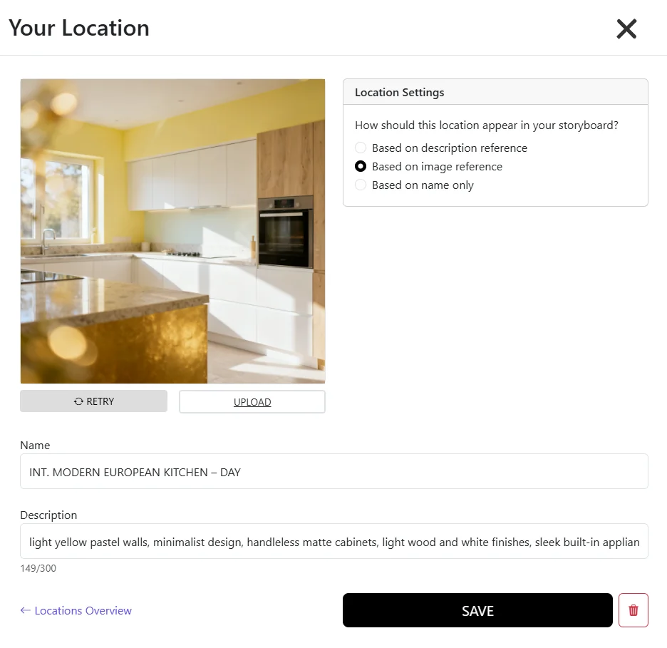 Location Editor in Storyboarder AI with a modern European kitchen reference image and 'Based on image reference' toggle enabled for consistent storyboard locations