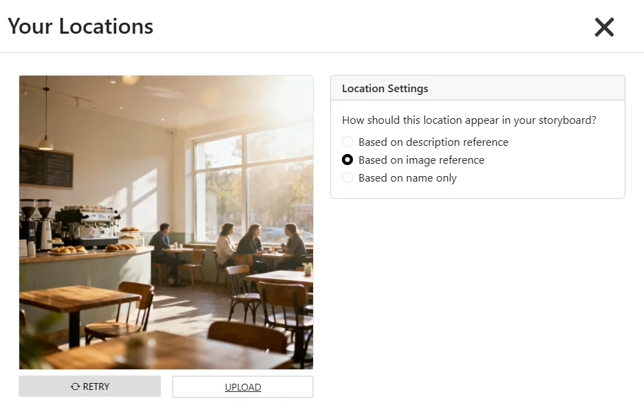 Storyboarder AI Location Editor with a cafe background reference image and 'Based on image reference' enabled for storyboard background replacement