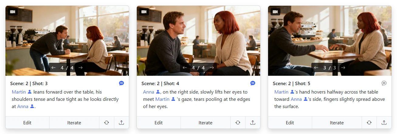 Three storyboard shots in the same cafe location — AI storyboard generator keeping backgrounds consistent after a Location Editor swap