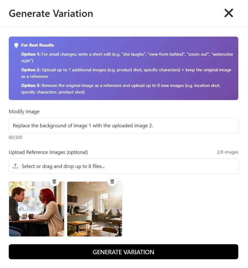 Iterate dialog in Storyboarder AI with a second image reference and modify prompt for background replacement