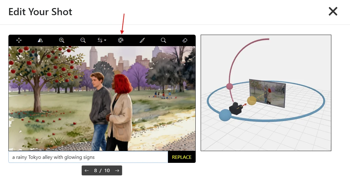 Edit Your Shot view with the Design Background tool and a text prompt 'a rainy Tokyo alley with glowing signs' in Storyboarder AI