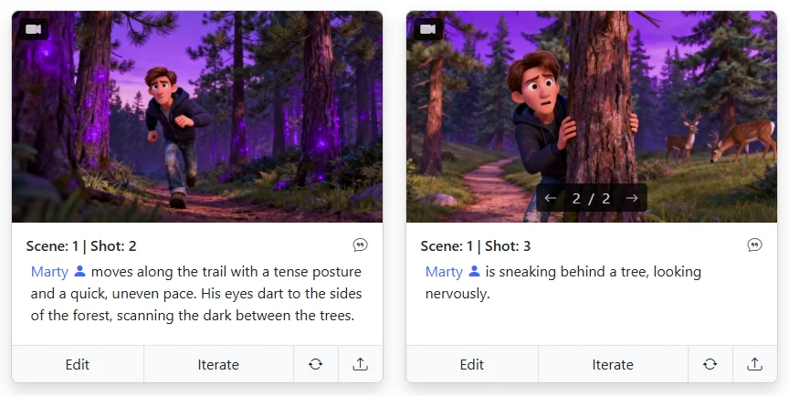 Storyboard maker result after clicking Retry — the shot regenerates to reflect the updated Shot Description in Storyboarder AI