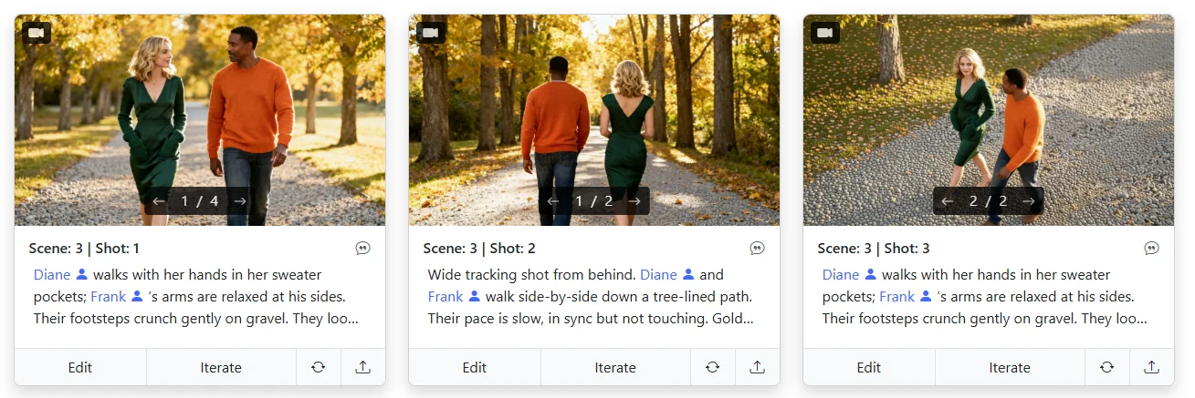 Three storyboard shots of the same scene from different camera angles — AI storyboard generator coverage via the 3D Camera Angle feature