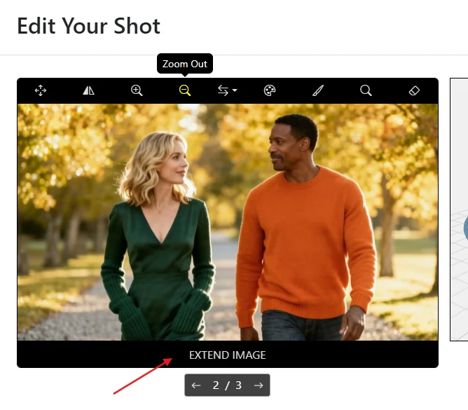 EDIT toolbar in Storyboarder AI with Zoom Out highlighted and the Extend Image button — quick camera adjustments in the storyboard maker
