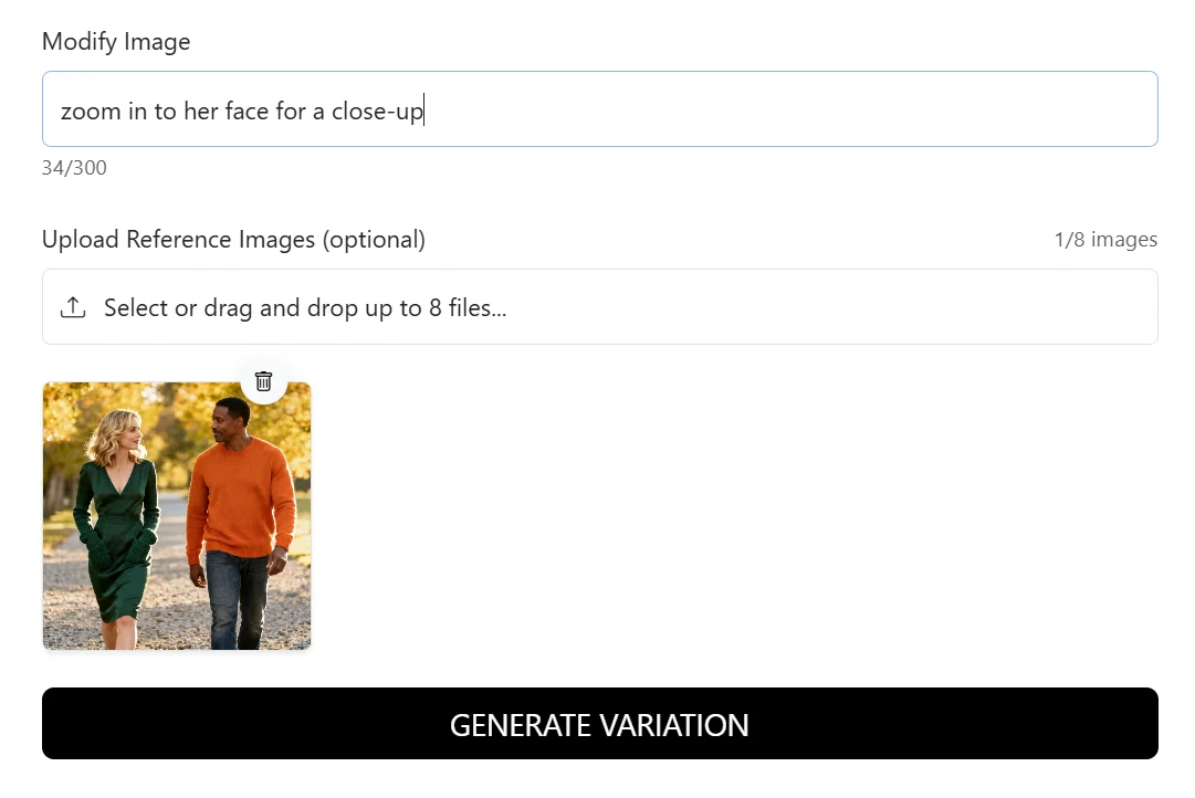Iterate Modify Image field in Storyboarder AI with the prompt 'zoom in to her face for a close-up' and the source shot attached