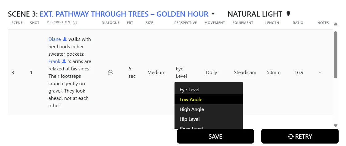 Shot Size and Perspective dropdowns in the Storyboarder AI shotlist — set Eye Level, Low Angle, High Angle and more for your storyboard