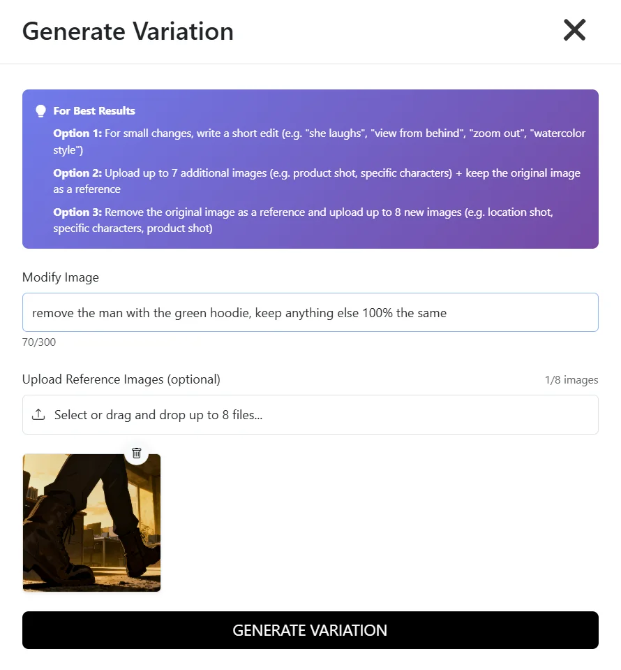 Iterate Generate Variation dialog in Storyboarder AI with the removal prompt 'remove the man with the green hoodie, keep anything else 100% the same'