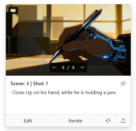 Clean insert shot in Storyboarder AI after rewriting the Shot Description to 'Close-Up on his hand' — storyboard maker honoring the insert