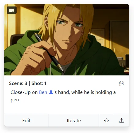 Storyboarder AI shot with 'Close-Up on Ben's hand' prompt — character pulled in unintentionally by the AI storyboard generator