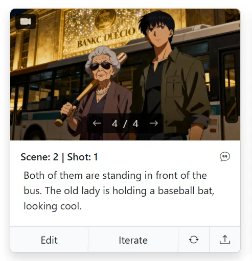 Storyboarder AI shot generated from a vague Shot Description — the AI storyboard generator invented random characters instead of pulling from the library