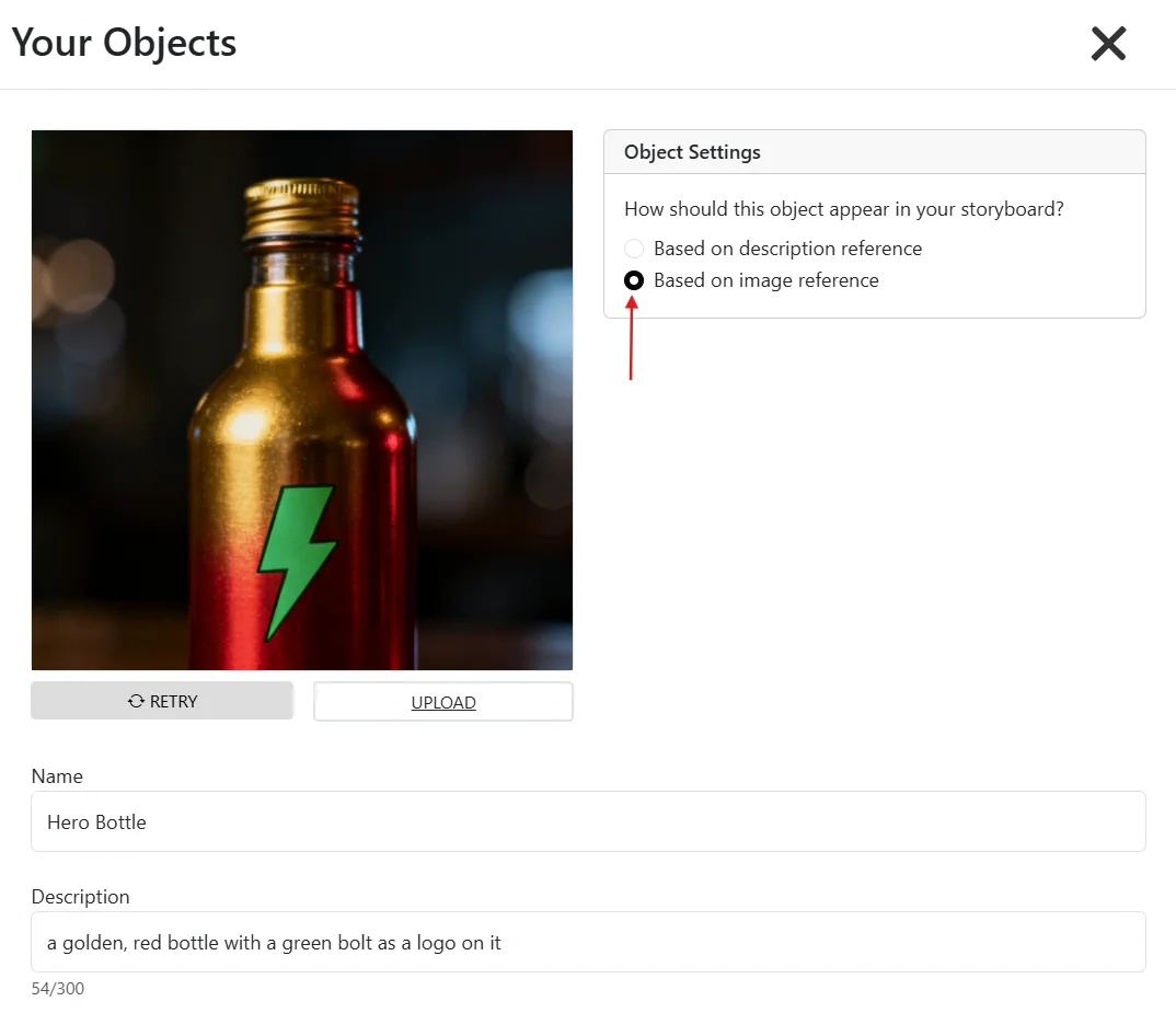 Object editor in Storyboarder AI with a Hero Bottle reference image uploaded and 'Based on image reference' enabled for faithful storyboard product placement