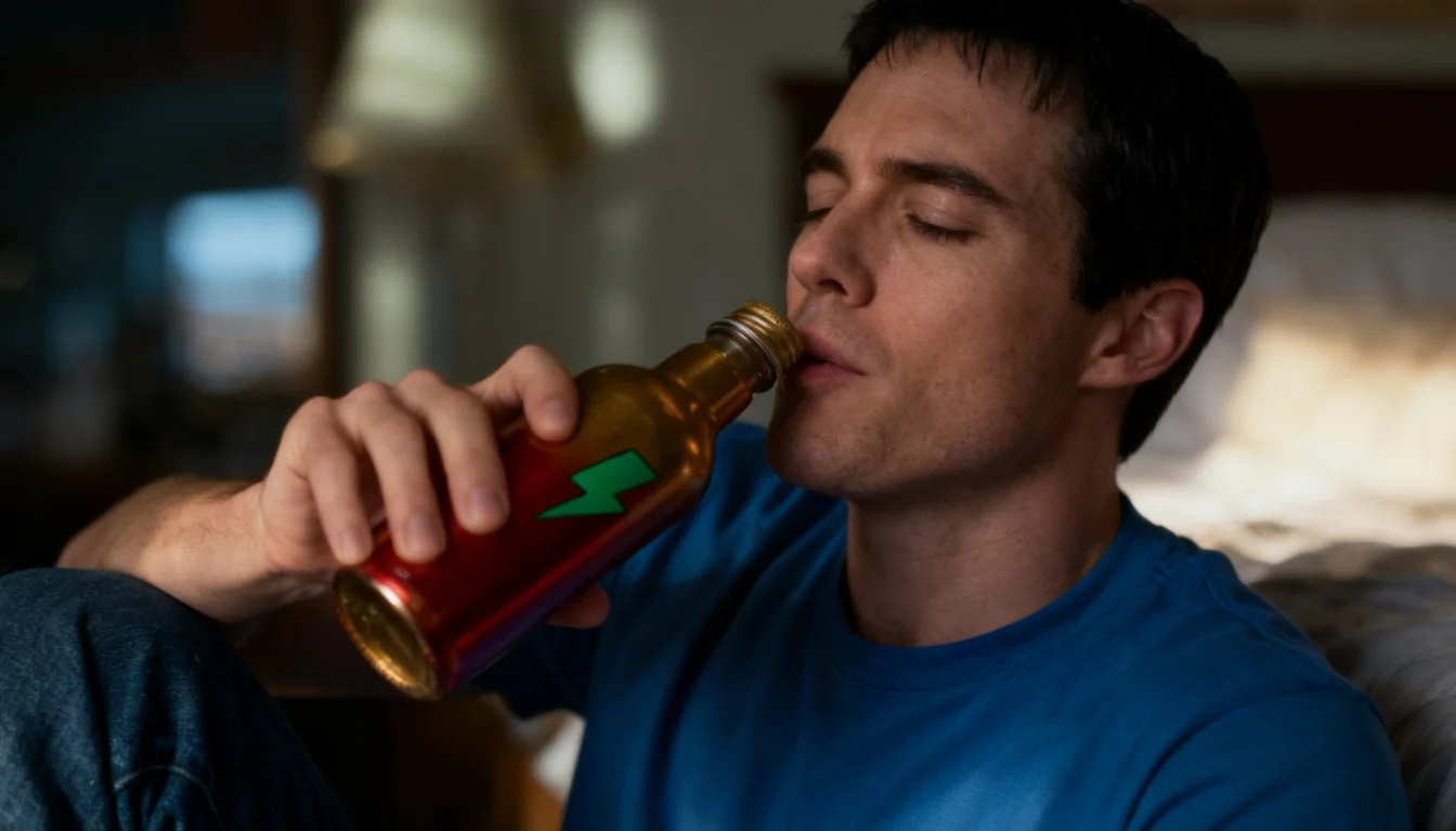 Storyboarder AI storyboard shot of James drinking the branded Hero Bottle — AI storyboard generator integrating a custom product with its logo