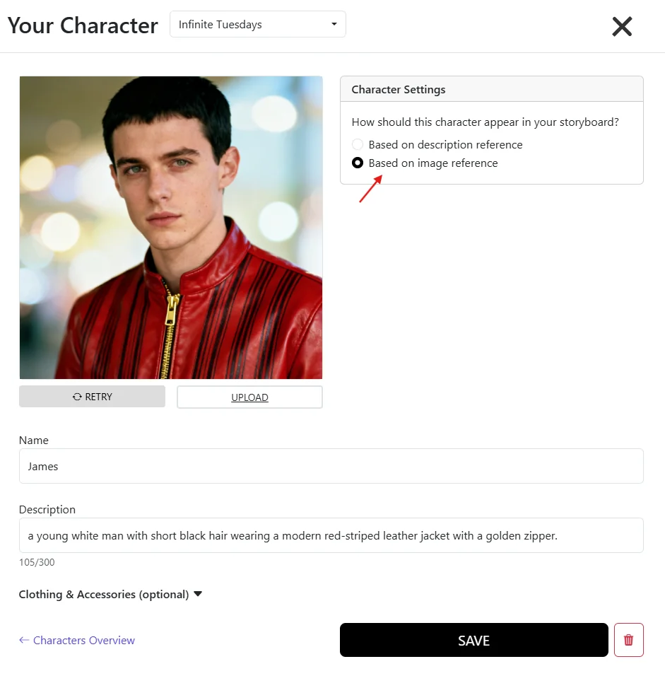 Character Editor in Storyboarder AI with a specific clothing description — red-striped leather jacket with a golden zipper for consistent storyboard wardrobe