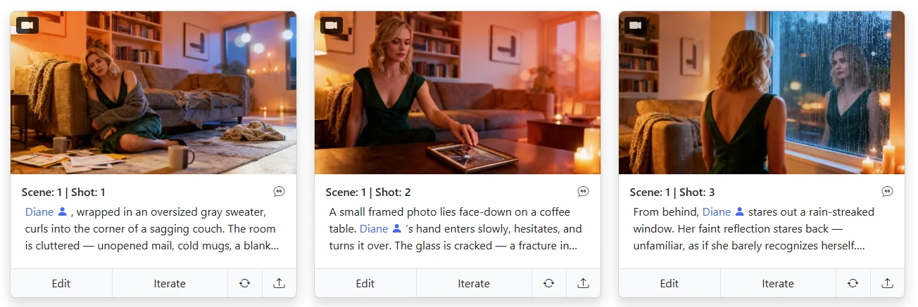 Polished six-shot storyboard sequence in Storyboarder.ai — consistent character, wardrobe, and warm living room location across every frame, illustrating what the AI storyboard generator delivers when prompts are precise